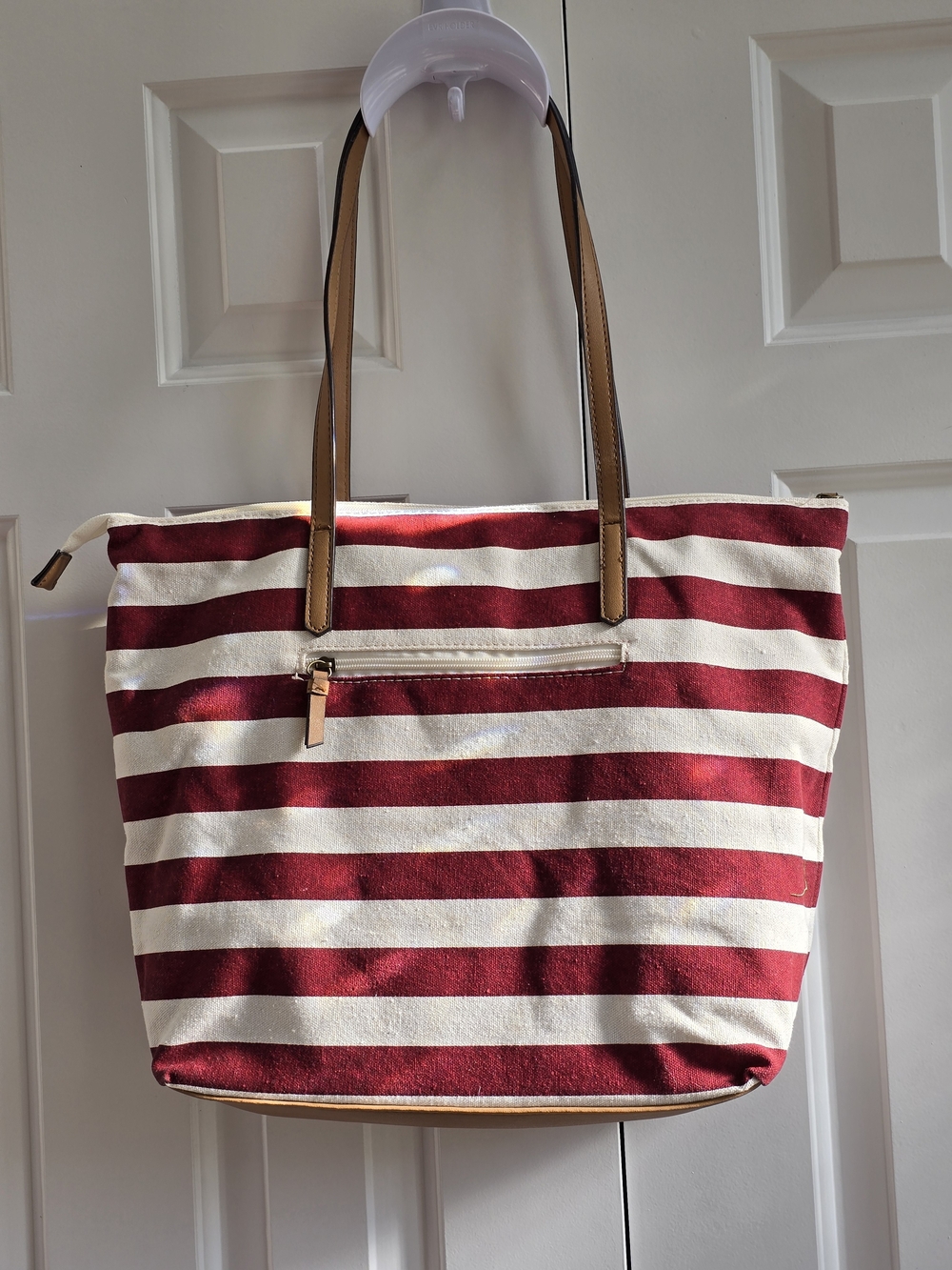 Sonoma Red and White Striped Canvas Tote with Tan Handles